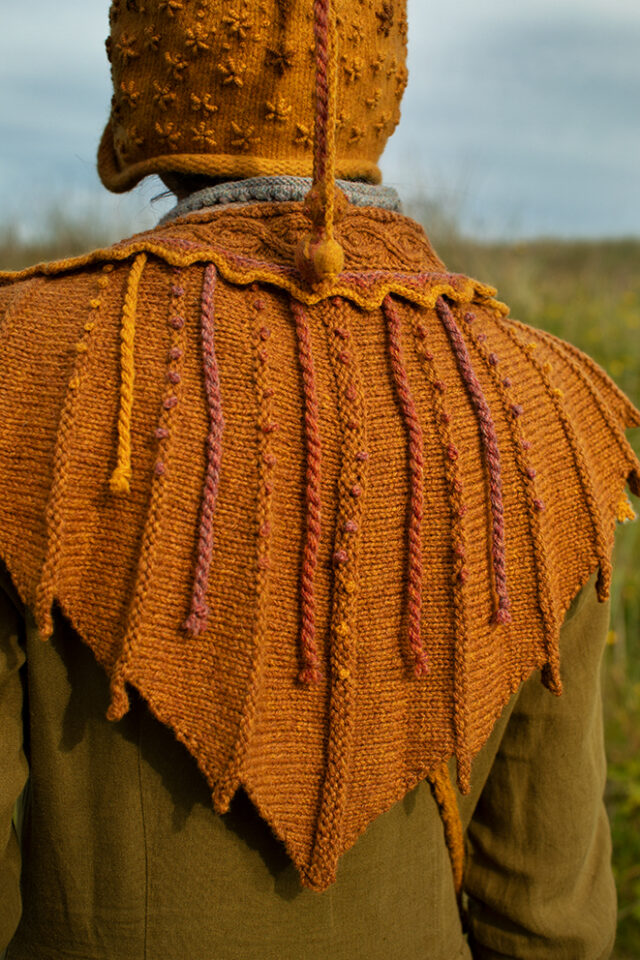 The Eagle Wrap and Eagle Collar patterncard kit designs by Alice Starmore and the Sporran Bag and Hare Hat from Creative Course 1 & 2 in Hebridean 2 & 3 Ply
