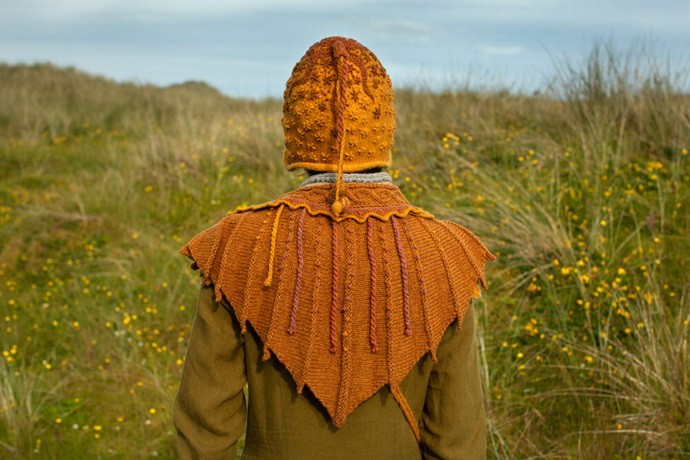 The Eagle Wrap and Eagle Collar patterncard kit designs by Alice Starmore and the Sporran Bag and Hare Hat from Creative Course 1 & 2 in Hebridean 2 & 3 Ply