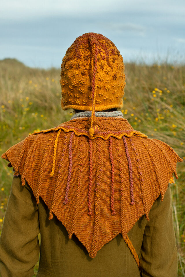 The Eagle Wrap and Eagle Collar patterncard kit designs by Alice Starmore and the Sporran Bag and Hare Hat from Creative Course 1 & 2 in Hebridean 2 & 3 Ply