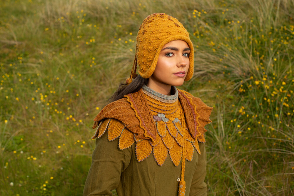 The Eagle Wrap and Eagle Collar patterncard kit designs by Alice Starmore and the Sporran Bag and Hare Hat from Creative Course 1 & 2 in Hebridean 2 & 3 Ply