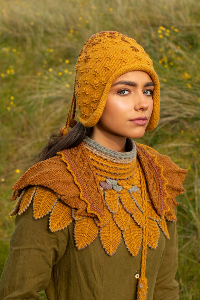 The Eagle Wrap and Eagle Collar patterncard kit designs by Alice Starmore and the Sporran Bag and Hare Hat from Creative Course 1 & 2 in Hebridean 2 & 3 Ply