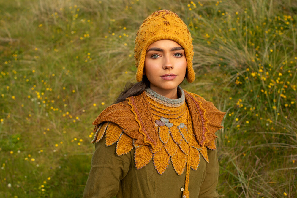 The Eagle Wrap and Eagle Collar patterncard kit designs by Alice Starmore and the Sporran Bag and Hare Hat from Creative Course 1 & 2 in Hebridean 2 & 3 Ply