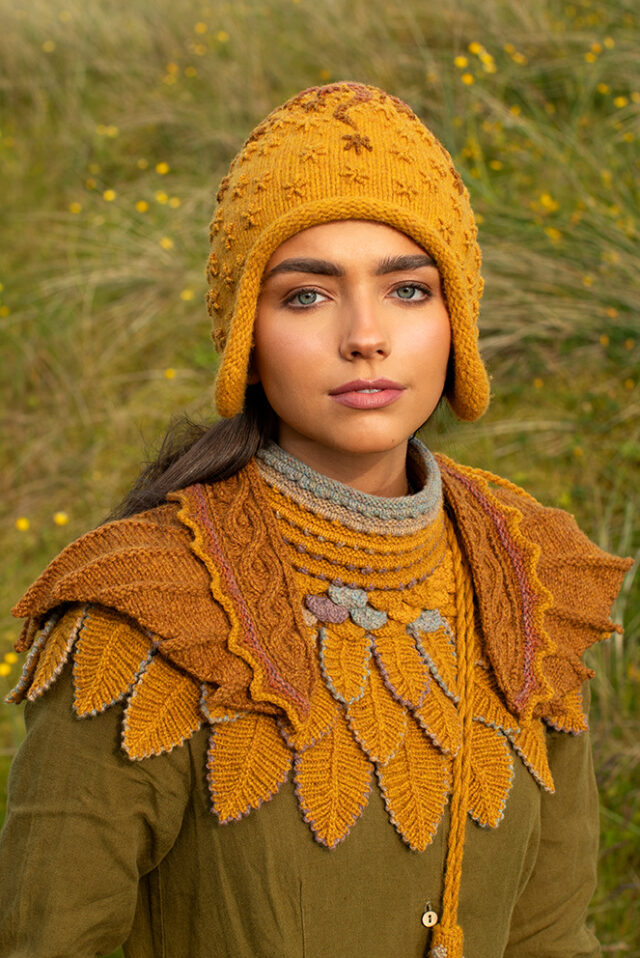 The Eagle Wrap and Eagle Collar patterncard kit designs by Alice Starmore and the Sporran Bag and Hare Hat from Creative Course 1 & 2 in Hebridean 2 & 3 Ply