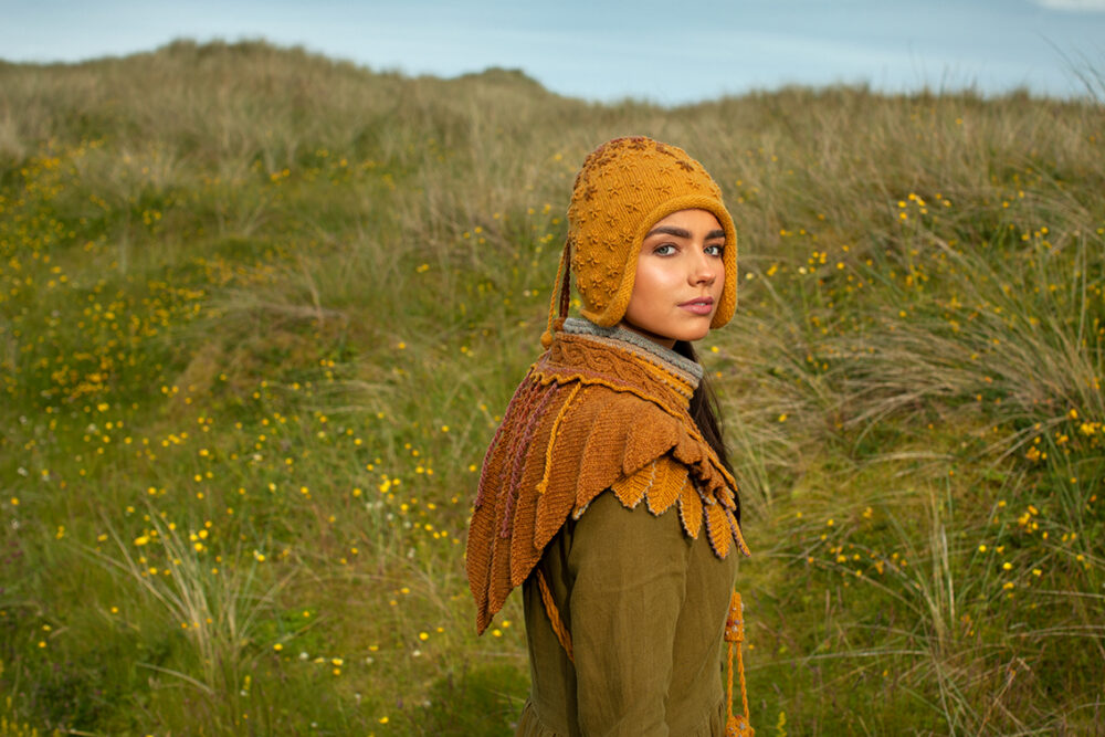 The Eagle Wrap and Eagle Collar patterncard kit designs by Alice Starmore and the Sporran Bag and Hare Hat from Creative Course 1 & 2 in Hebridean 2 & 3 Ply