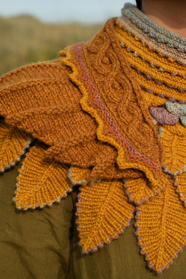 The Eagle Wrap and Eagle Collar patterncard kit designs by Alice Starmore and the Sporran Bag and Hare Hat from Creative Course 1 & 2 in Hebridean 2 & 3 Ply