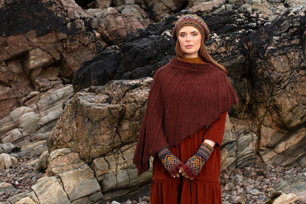 The Eagle Wrap, Sandpiper Collar and Henry VIII Hat Set patterncard kit designs by Alice Starmore in Hebridean 2 & 3 Ply