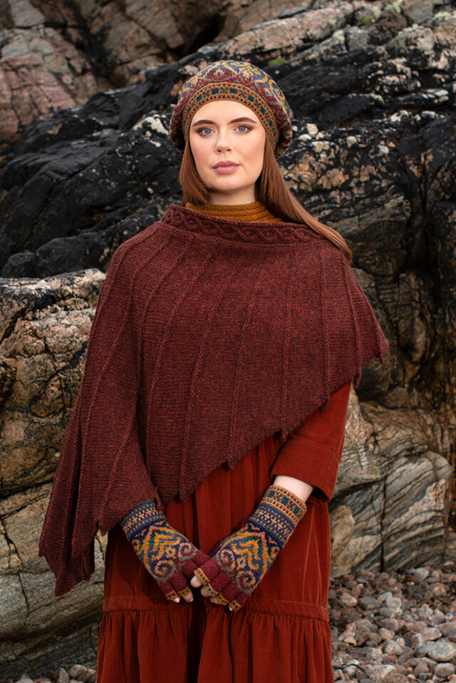 The Eagle Wrap, Sandpiper Collar and Henry VIII Hat Set patterncard kit designs by Alice Starmore in Hebridean 2 & 3 Ply