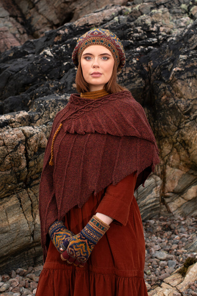 The Eagle Wrap, Sandpiper Collar and Henry VIII Hat Set patterncard kit designs by Alice Starmore in Hebridean 2 & 3 Ply