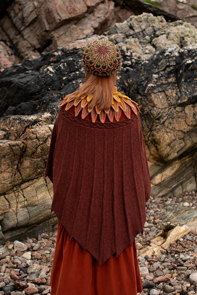 The Eagle Wrap, Sandpiper Collar and Henry VIII Hat Set patterncard kit designs by Alice Starmore in Hebridean 2 & 3 Ply