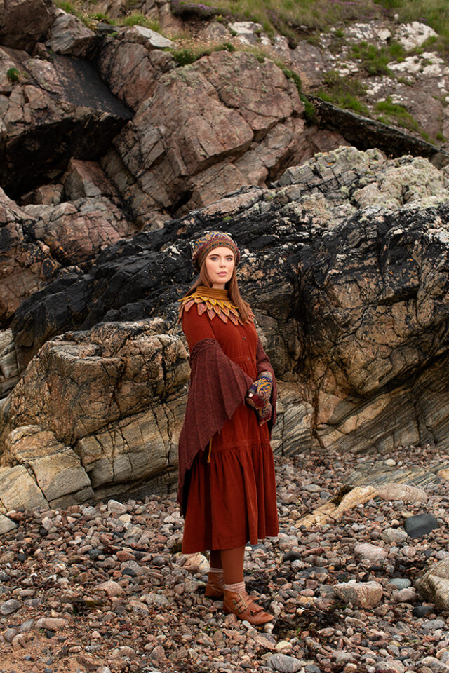 The Eagle Wrap, Sandpiper Collar and Henry VIII Hat Set patterncard kit designs by Alice Starmore in Hebridean 2 & 3 Ply
