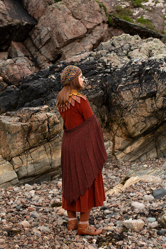 The Eagle Wrap, Sandpiper Collar and Henry VIII Hat Set patterncard kit designs by Alice Starmore in Hebridean 2 & 3 Ply