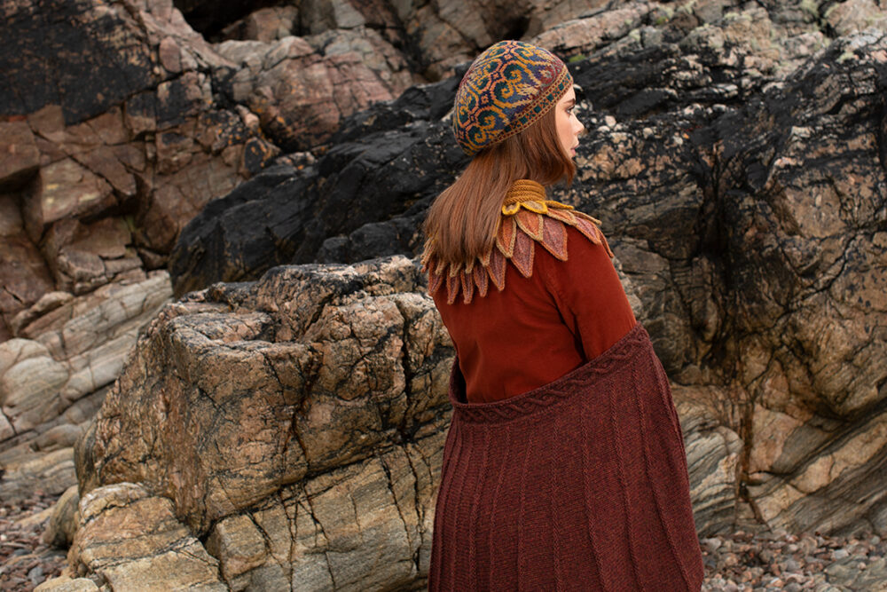 The Eagle Wrap, Sandpiper Collar and Henry VIII Hat Set patterncard kit designs by Alice Starmore in Hebridean 2 & 3 Ply