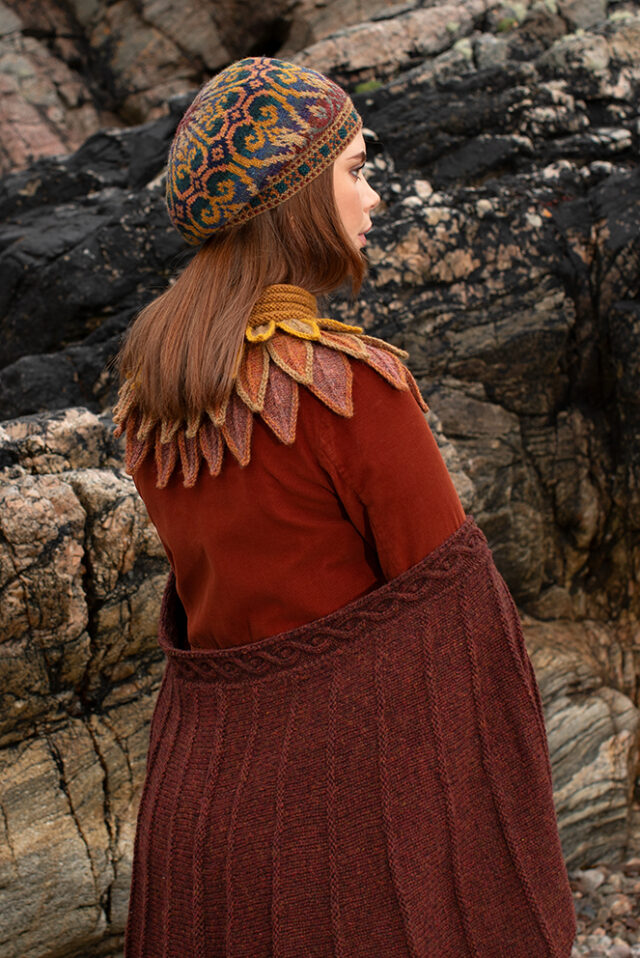 The Eagle Wrap, Sandpiper Collar and Henry VIII Hat Set patterncard kit designs by Alice Starmore in Hebridean 2 & 3 Ply