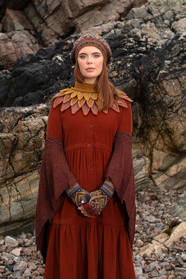 The Eagle Wrap, Sandpiper Collar and Henry VIII Hat Set patterncard kit designs by Alice Starmore in Hebridean 2 & 3 Ply