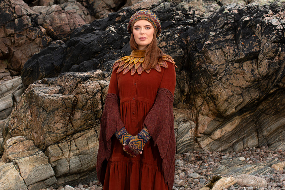 The Eagle Wrap, Sandpiper Collar and Henry VIII Hat Set patterncard kit designs by Alice Starmore in Hebridean 2 & 3 Ply