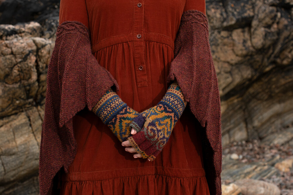 The Eagle Wrap, Sandpiper Collar and Henry VIII Hat Set patterncard kit designs by Alice Starmore in Hebridean 2 & 3 Ply
