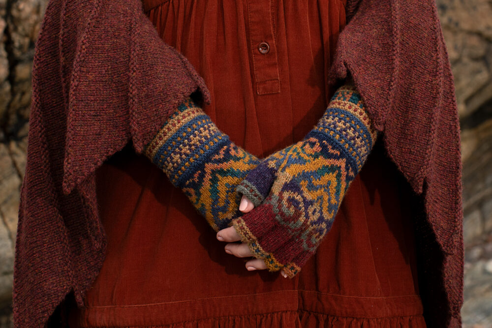 The Eagle Wrap, Sandpiper Collar and Henry VIII Hat Set patterncard kit designs by Alice Starmore in Hebridean 2 & 3 Ply