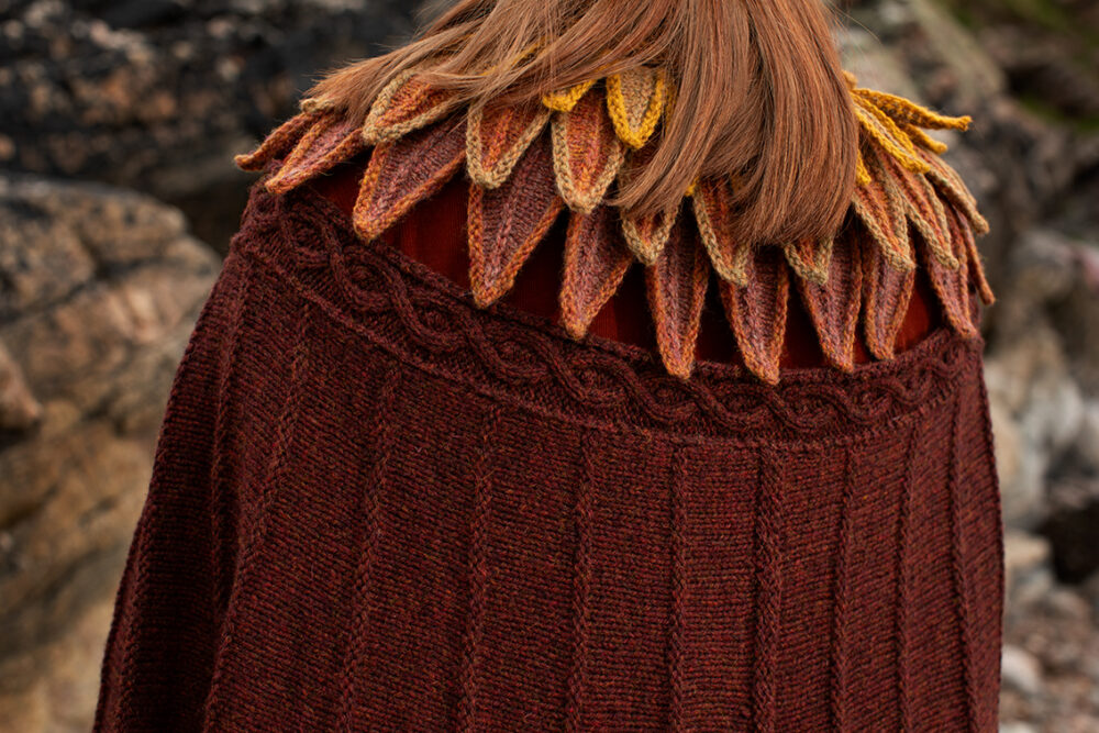 The Eagle Wrap, Sandpiper Collar and Henry VIII Hat Set patterncard kit designs by Alice Starmore in Hebridean 2 & 3 Ply