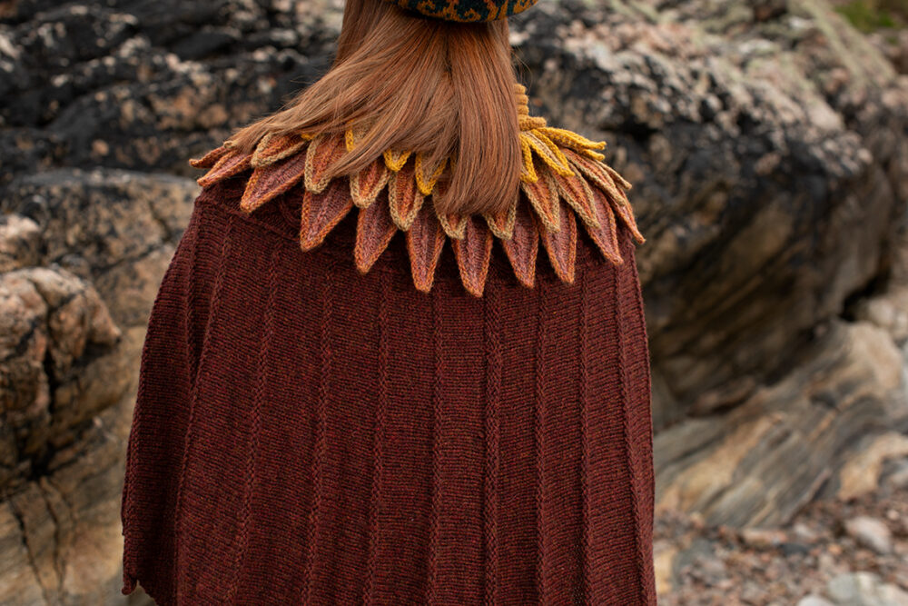 The Eagle Wrap, Sandpiper Collar and Henry VIII Hat Set patterncard kit designs by Alice Starmore in Hebridean 2 & 3 Ply