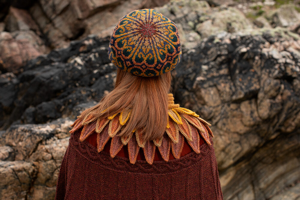 The Eagle Wrap, Sandpiper Collar and Henry VIII Hat Set patterncard kit designs by Alice Starmore in Hebridean 2 & 3 Ply