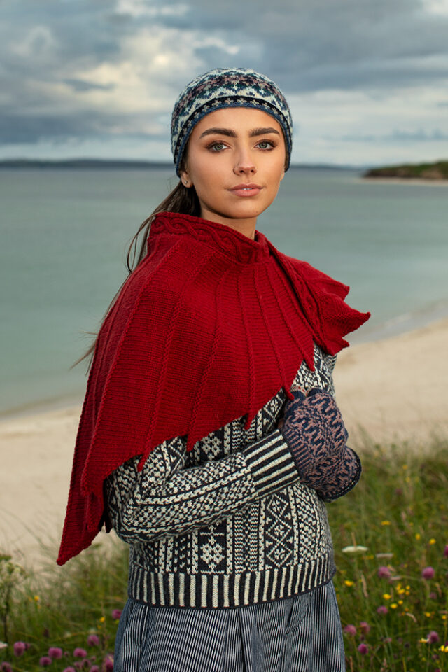 The Eagle Wrap, Faroe pullover, Hat Trick Hat and Hirta Gloves patterncard kit designs by Alice Starmore in Hebridean 2 & 3 Ply