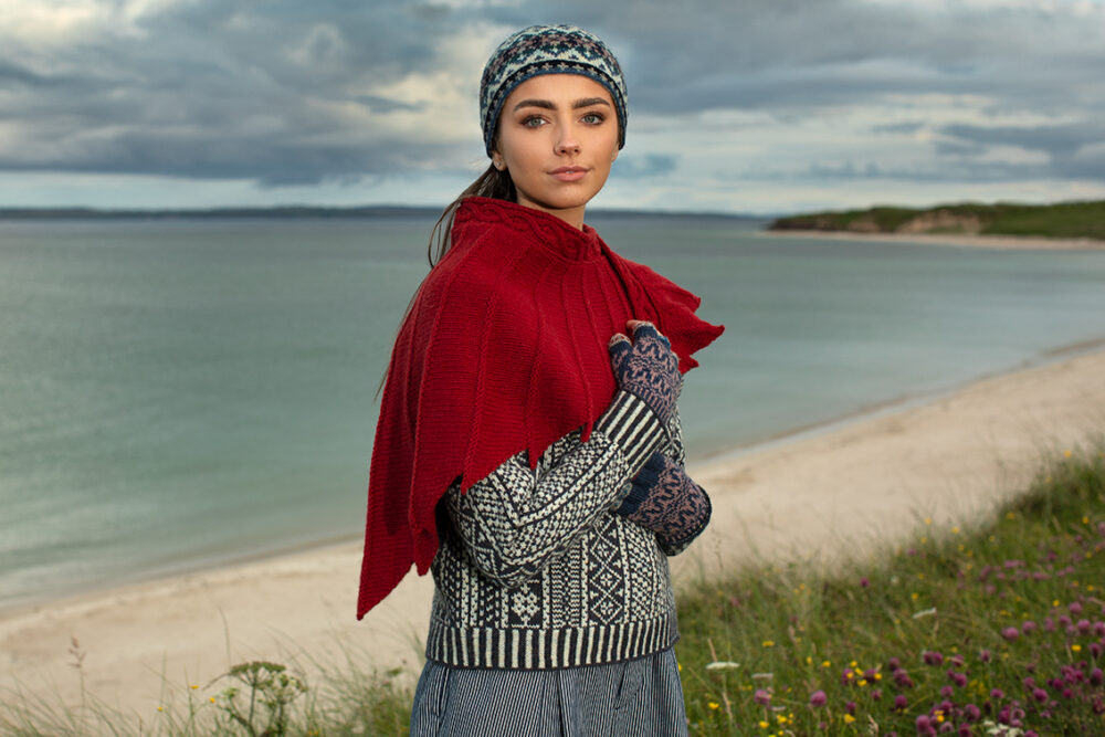 The Eagle Wrap, Faroe pullover, Hat Trick Hat and Hirta Gloves patterncard kit designs by Alice Starmore in Hebridean 2 & 3 Ply