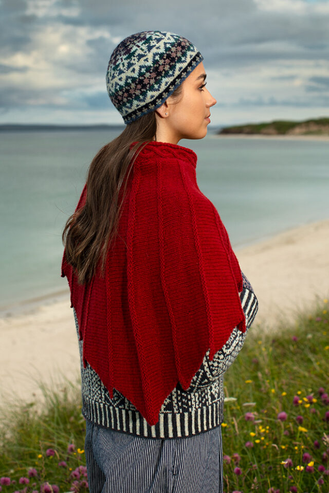 The Eagle Wrap, Faroe pullover, Hat Trick Hat and Hirta Gloves patterncard kit designs by Alice Starmore in Hebridean 2 & 3 Ply