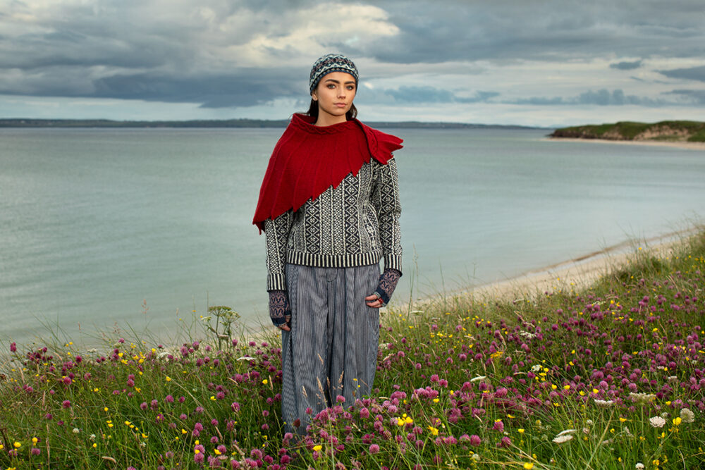 The Eagle Wrap, Faroe pullover, Hat Trick Hat and Hirta Gloves patterncard kit designs by Alice Starmore in Hebridean 2 & 3 Ply