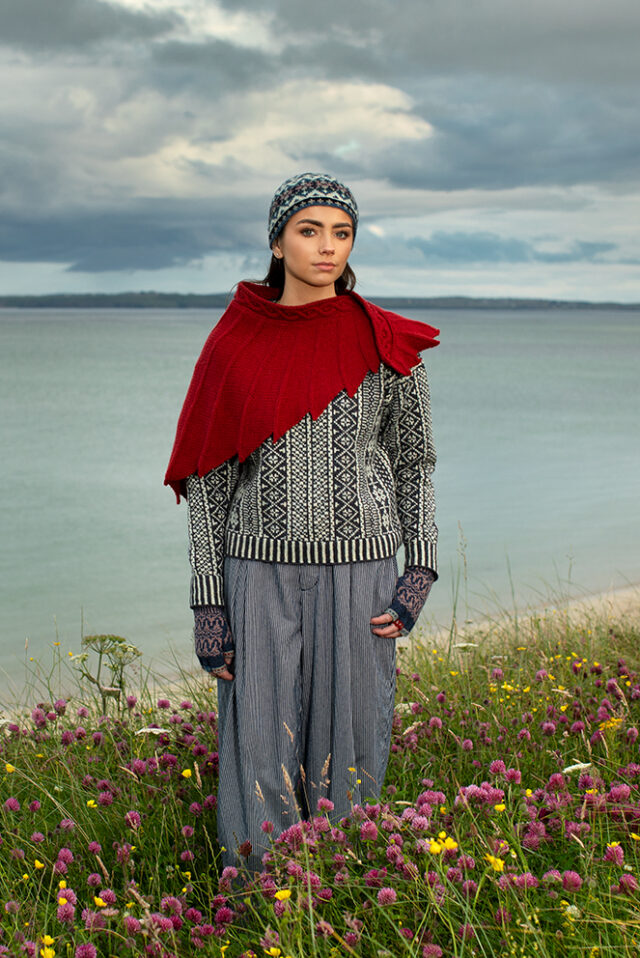 The Eagle Wrap, Faroe pullover, Hat Trick Hat and Hirta Gloves patterncard kit designs by Alice Starmore in Hebridean 2 & 3 Ply
