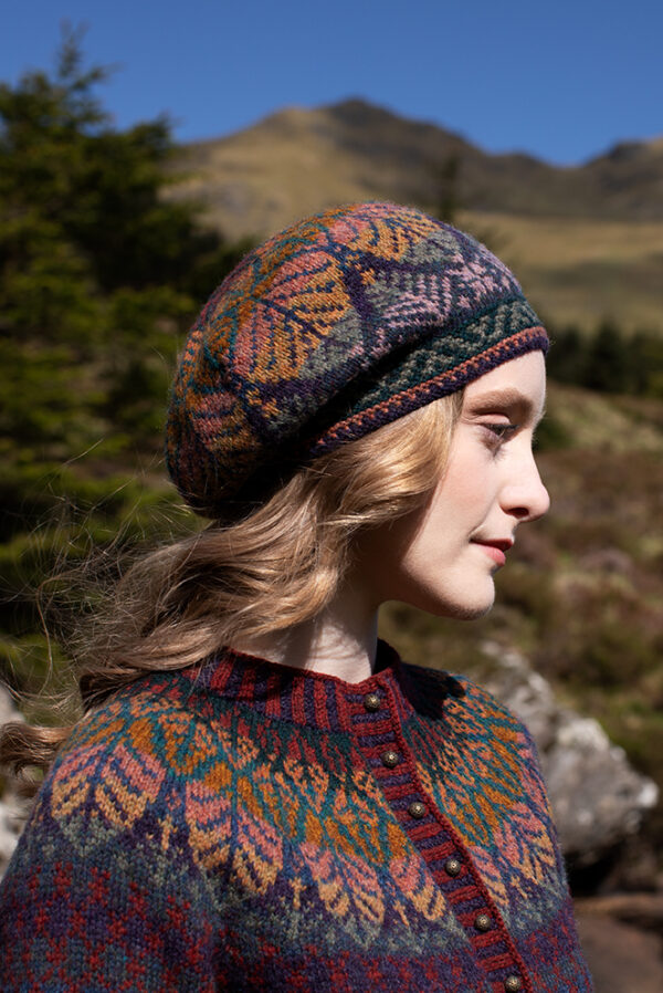 The Greeta Cardigan and Greeta Hat Set patterncard kit designs by Alice Starmore in Hebridean 2 Ply
