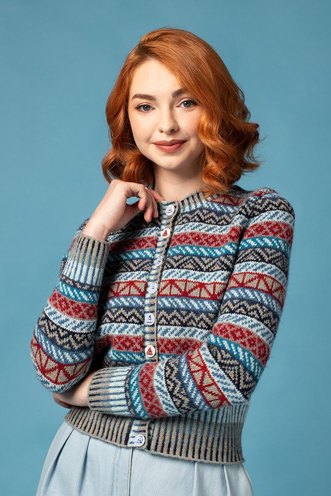The Antares Cardigan patterncard kit design by Jade Starmore in Hebridean 2 Ply