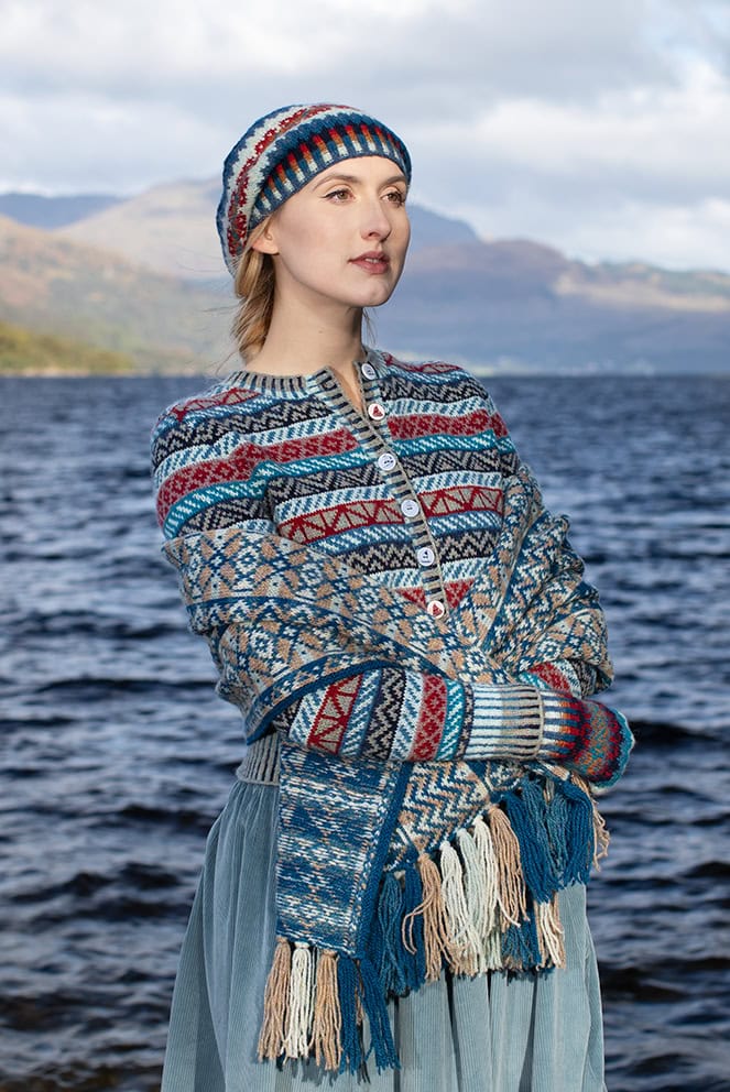 The Antares Cardigan, Ripple Wrap and Wave Hat Set patterncard kit designs by Jade & Alice Starmore in Hebridean 2 Ply