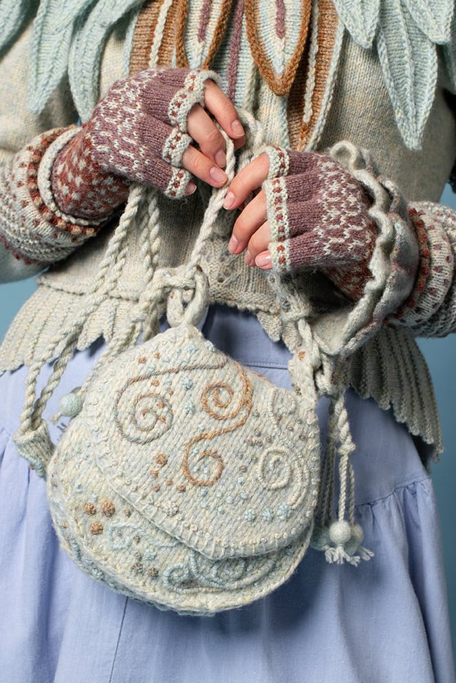 Sulaire Spencer, Briodag gloves and Lapwing Collar patterncard kits and Dun Cuffs and Sporran Bag designs from Creative Course 2 & 3 by Alice Starmore in Hebridean 2 Ply