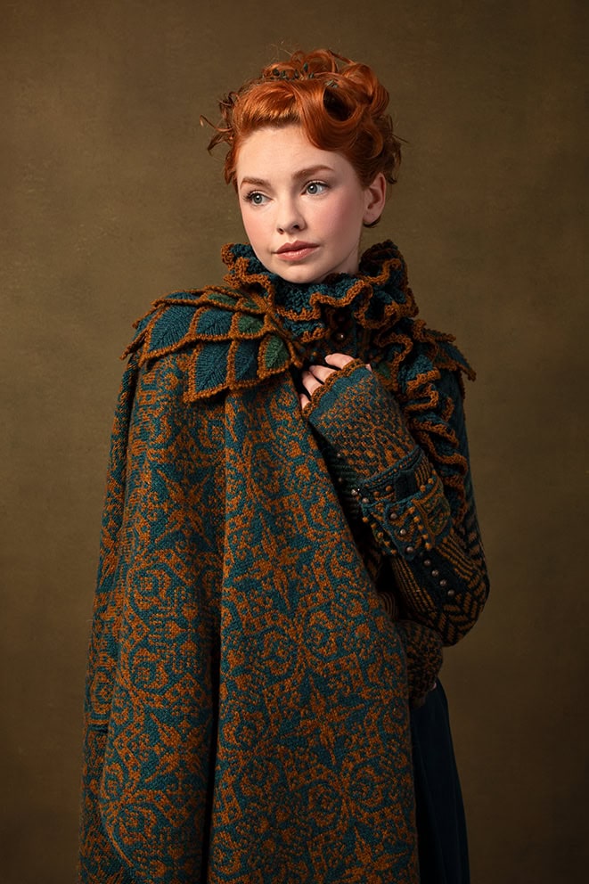 The Gleann Mor Cardigan, Persian Tiles Wrap, Conachair Collar & Cuffs and Briodag Scarf and Gloves designs by Alice Starmore, made in Hebridean 2 Ply for Virtual Yarns