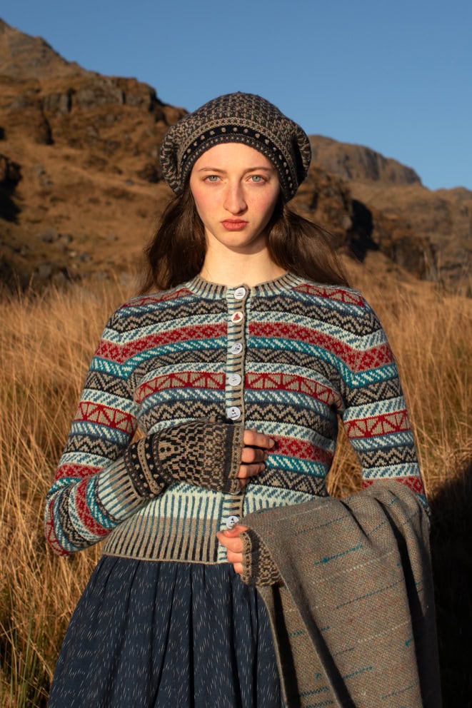 Antares cardigan and Briodag Hat Set Patterncard Kit designs by Alice Starmore in Hebridean 2 Ply