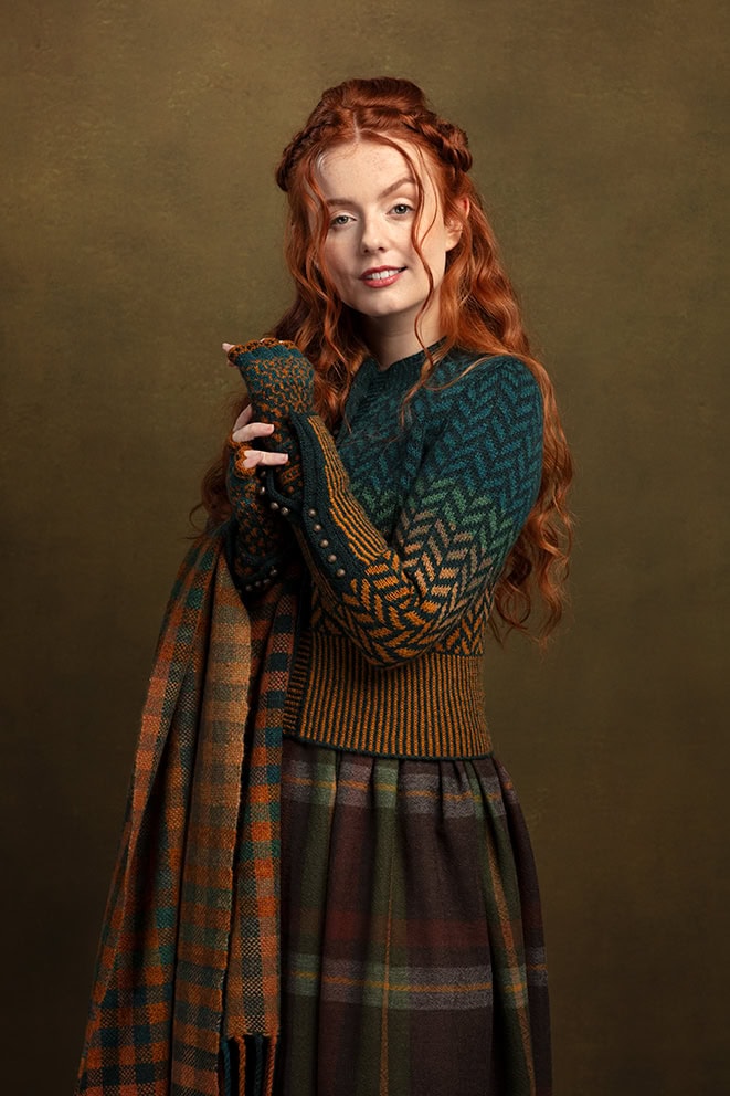 The Heroine Collection hand knitwear design by Alice Starmore, made in Hebridean 2 & 3 Ply for Virtual Yarns