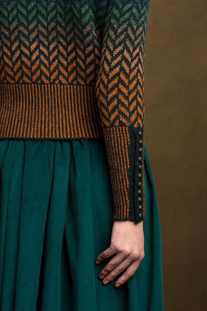 The Heroine Collection hand knitwear design by Alice Starmore, made in Hebridean 2 & 3 Ply for Virtual Yarns