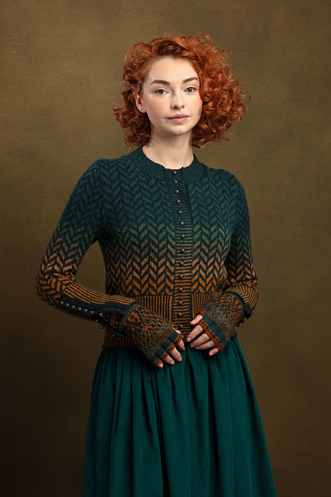 The Heroine Collection hand knitwear design by Alice Starmore, made in Hebridean 2 & 3 Ply for Virtual Yarns