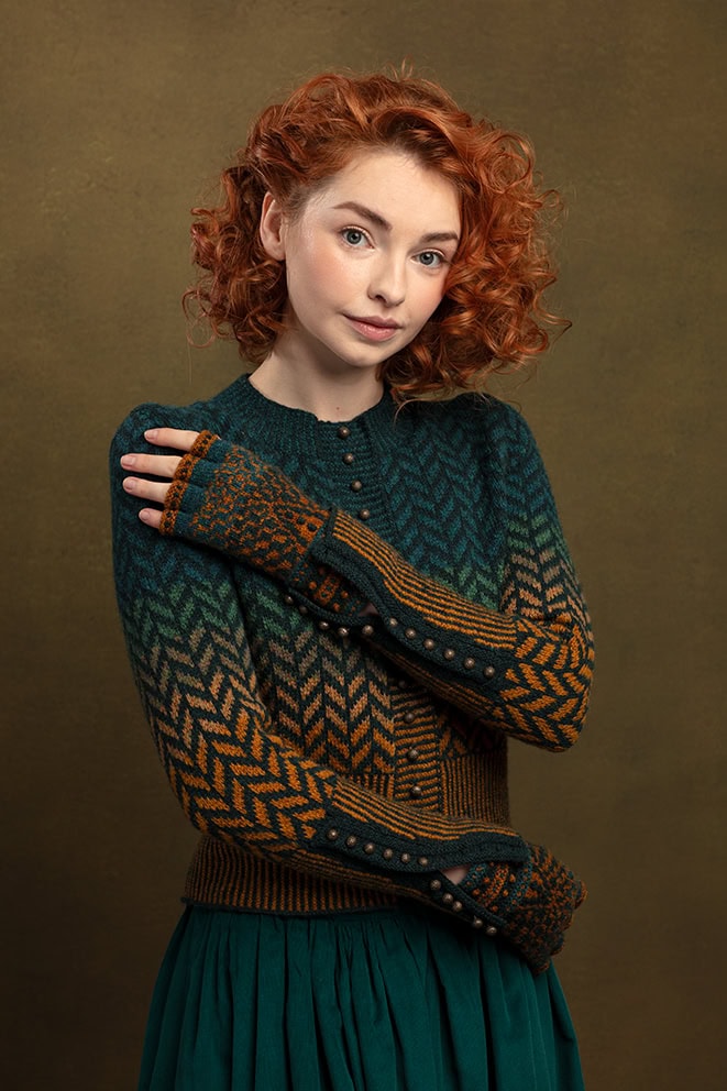 The Heroine Collection hand knitwear design by Alice Starmore, made in Hebridean 2 & 3 Ply for Virtual Yarns