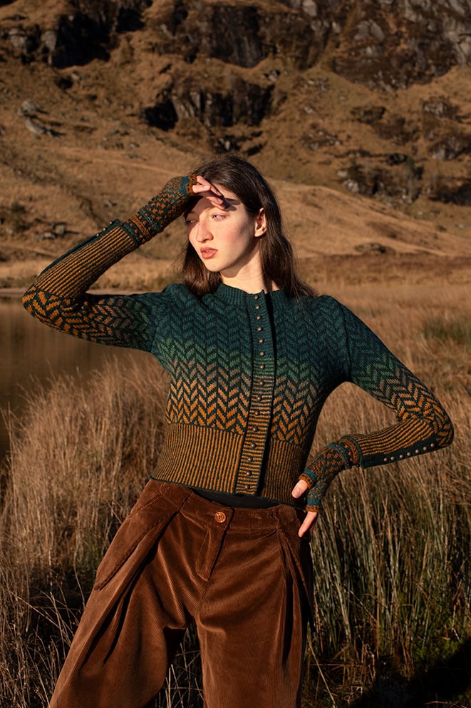 The Heroine Collection hand knitwear design by Alice Starmore, made in Hebridean 2 & 3 Ply for Virtual Yarns