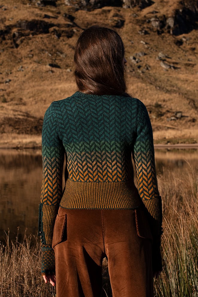 The Heroine Collection hand knitwear design by Alice Starmore, made in Hebridean 2 & 3 Ply for Virtual Yarns