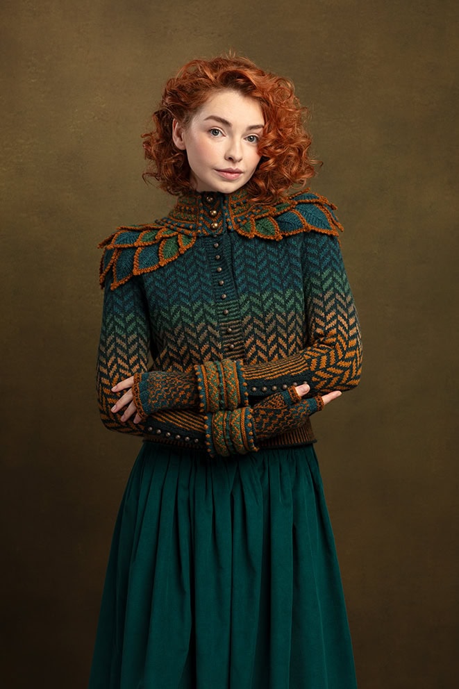 The Heroine Collection hand knitwear design by Alice Starmore, made in Hebridean 2 & 3 Ply for Virtual Yarns