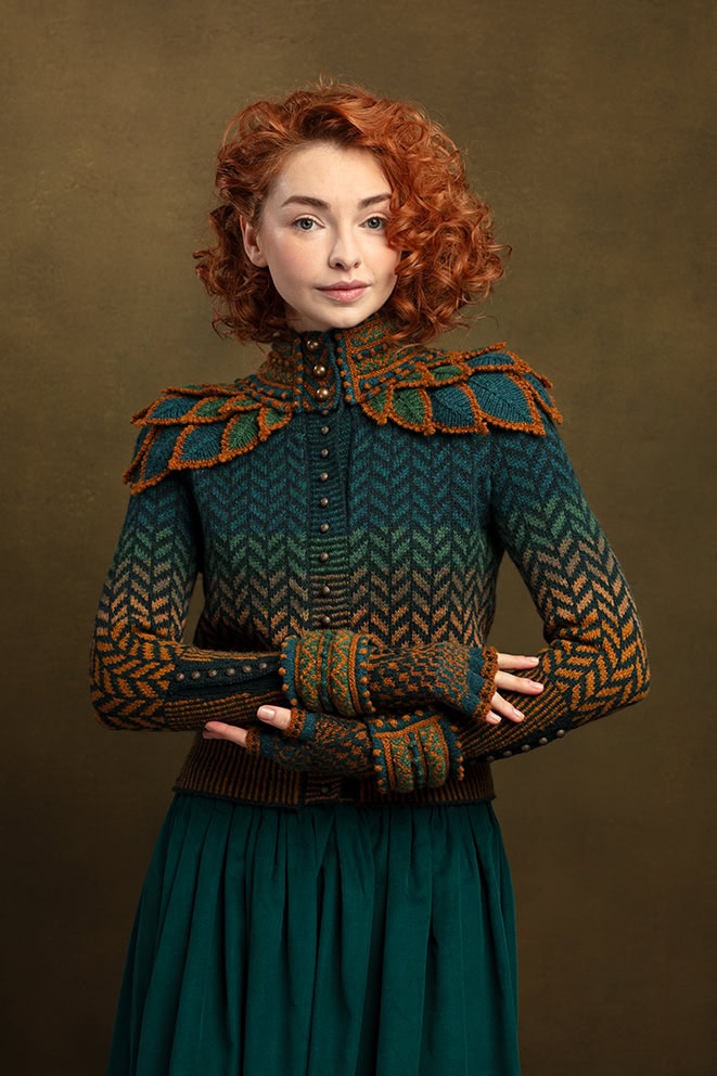 The Heroine Collection hand knitwear design by Alice Starmore, made in Hebridean 2 & 3 Ply for Virtual Yarns