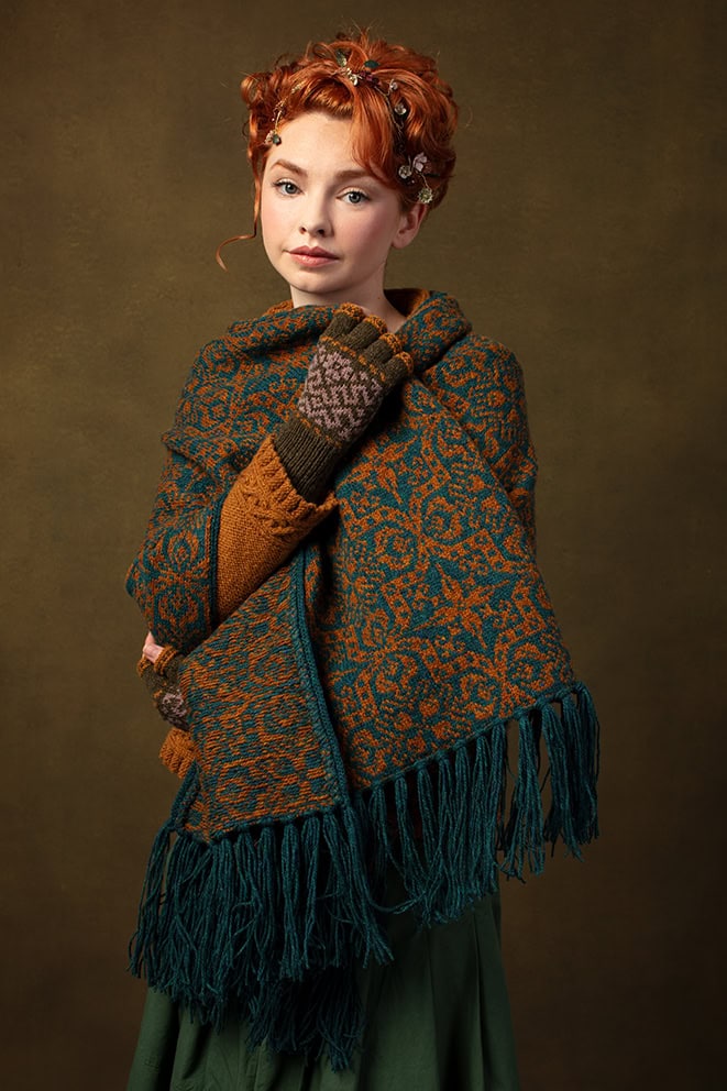 The Eightsome Reel Pullover, Persian Tiles Wrap and Cassiopeia Gloves designs by Alice Starmore, made in Hebridean 2 Ply for Virtual Yarns