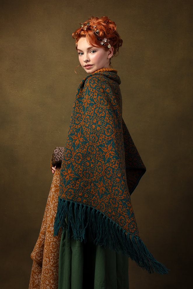 The Eightsome Reel Pullover, Persian Tiles Wrap and Cassiopeia Gloves designs by Alice Starmore, made in Hebridean 2 Ply for Virtual Yarns