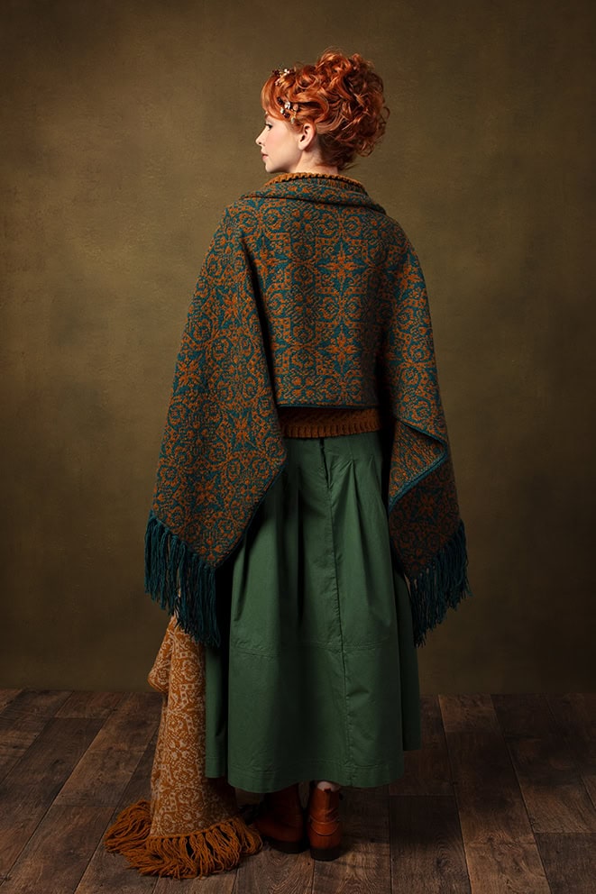 The Eightsome Reel Pullover, Persian Tiles Wrap and Cassiopeia Gloves designs by Alice Starmore, made in Hebridean 2 Ply for Virtual Yarns