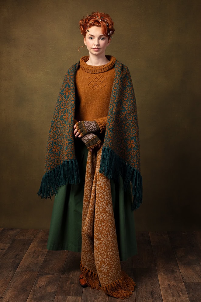 The Eightsome Reel Pullover, Persian Tiles Wrap and Cassiopeia Gloves designs by Alice Starmore, made in Hebridean 2 Ply for Virtual Yarns