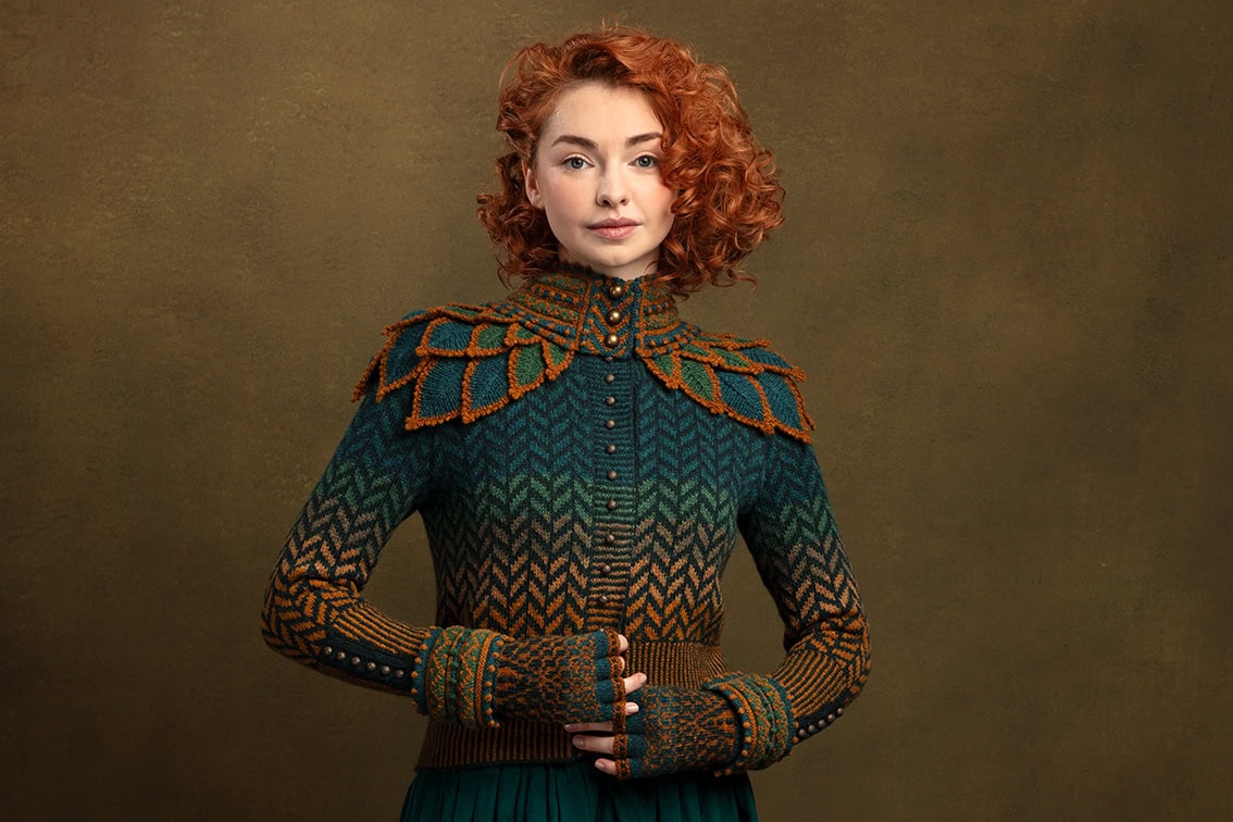 The Heroine Collection hand knitwear design by Alice Starmore, made in Hebridean 2 & 3 Ply for Virtual Yarns