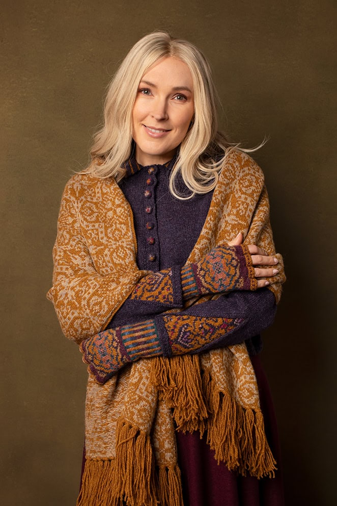 Kimberley and Persian Tiles patterncard kit design by Jade Starmore and the Mary Tudor gloves patterncard kit design by Alice Starmore knitted in Hebridean 2 Ply