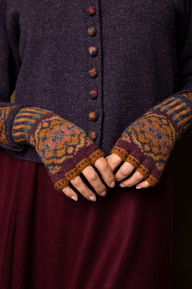 Kimberley patterncard kit design by Jade Starmore and the Mary Tudor gloves patterncard kit design by Alice Starmore knitted in Hebridean 2 Ply